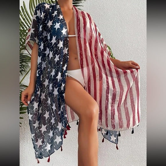 New America Print Boho Tassel Trim Contrast Red Blue Stripe Kimono Swim Cover Up - Picture 4 of 16